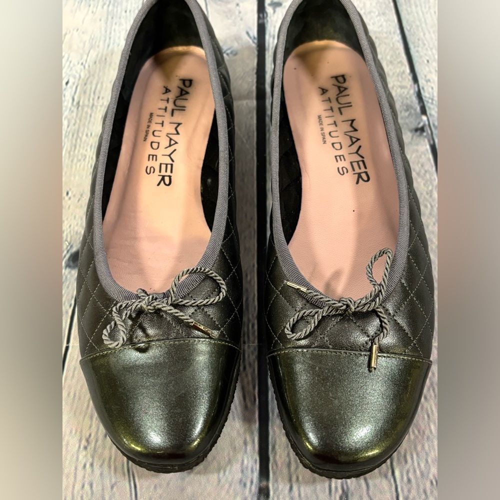 Paul Mayer Pewter Cozy Quilted Leather Polished Cap Toe Timeless Ballet Flat 7.5